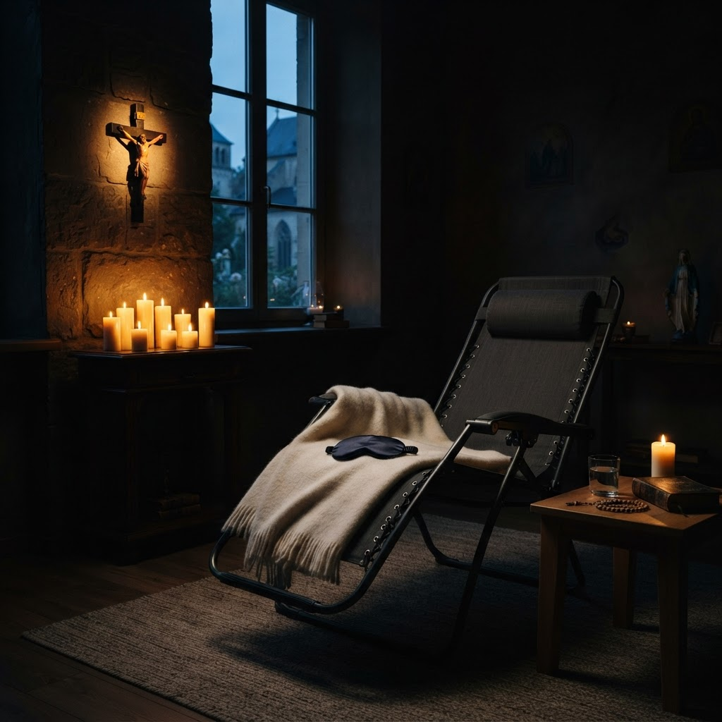 Sala de terapia serena con una cruz de madera iluminada por luz cálida de velas
