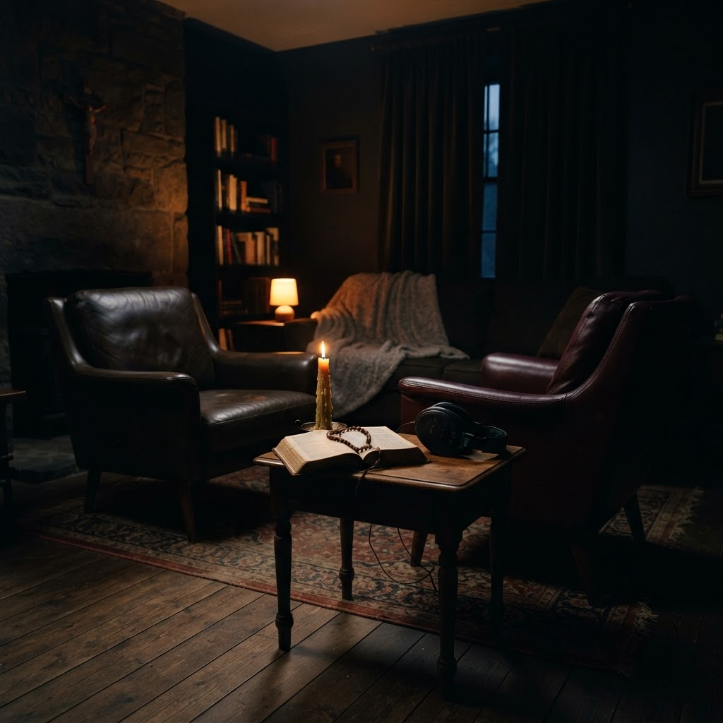 Sala de sesión con dos sillones, audífonos, una vela encendida y una Biblia abierta